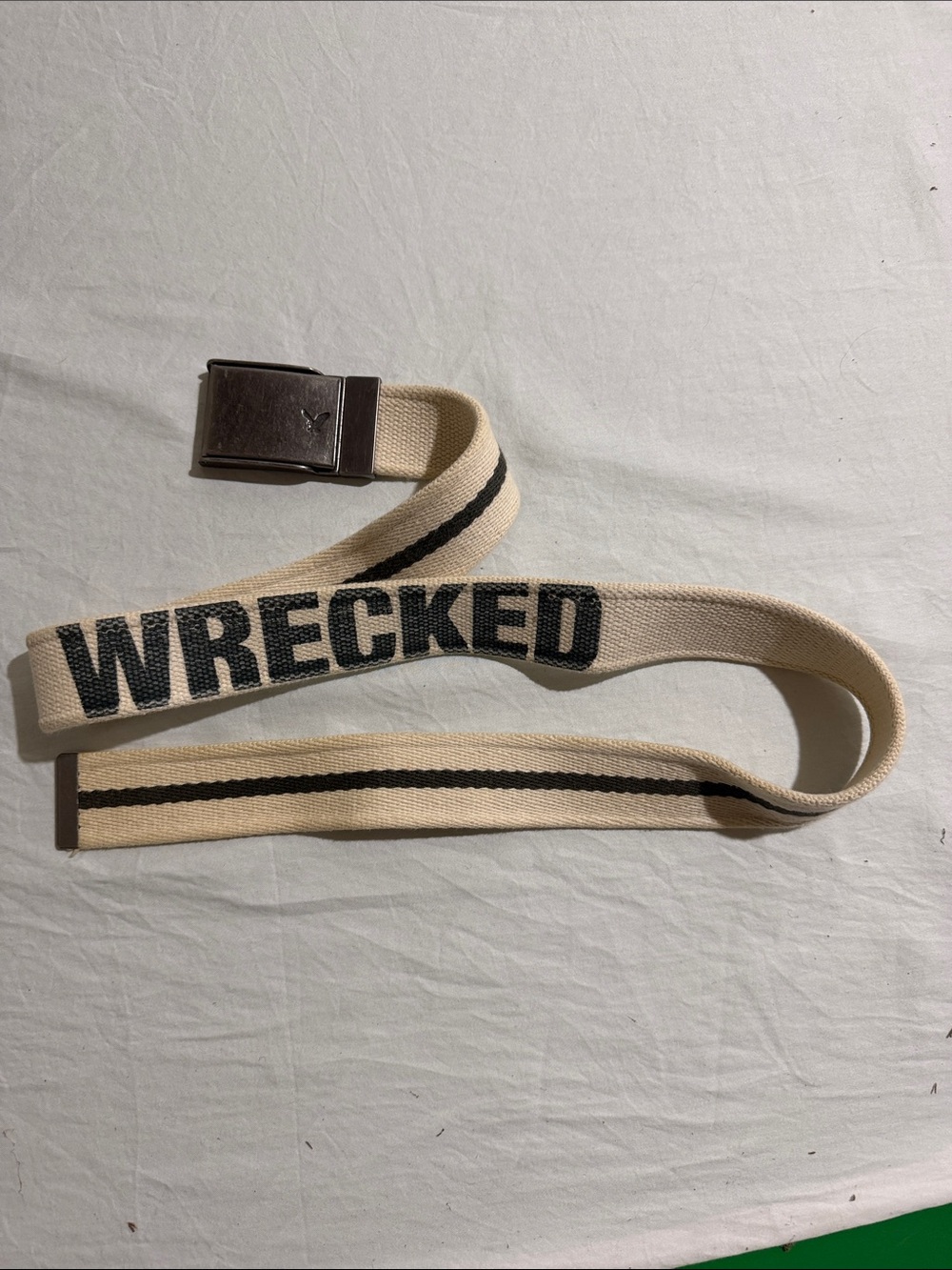 American Eagle Canvas Belt with 'WRECKED' Print - Cream and Black Y2K